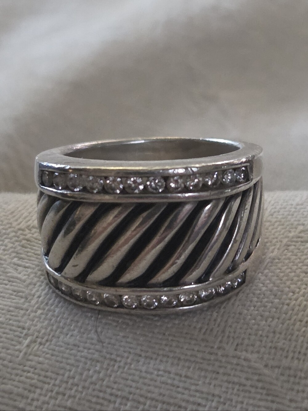 David Yurman Diamond Cable Cigar Band Ring, SS, Size 7